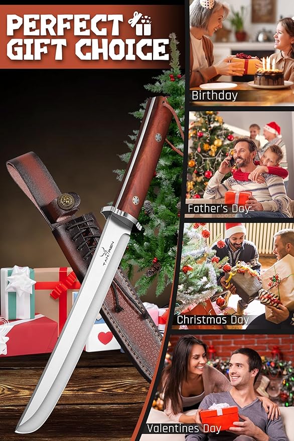 TAN REN Tanto Knife Fixed Blade 8 Inch Survival Knives with Wooden Handle Japanese Fixed Blade Knife with Sheath for Camping Outdoor Christmas Gift Knives for Men