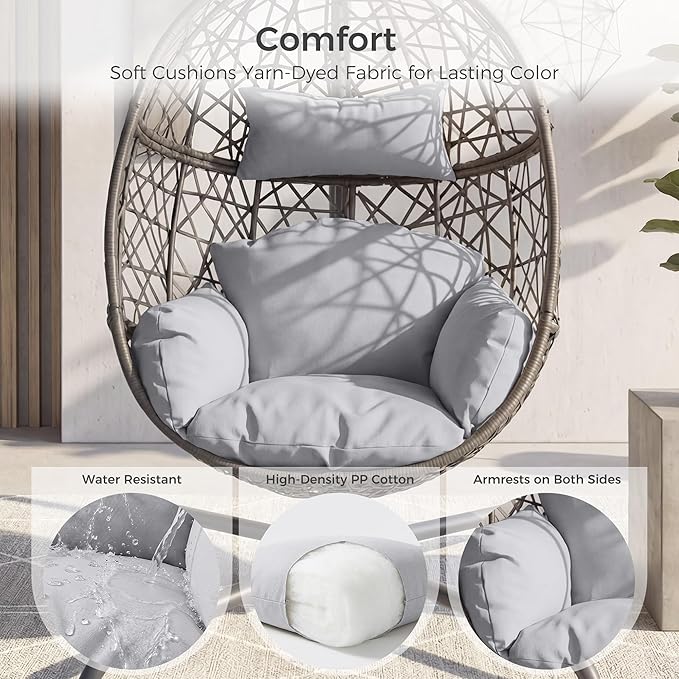 NICESOUL Egg Swing Chair Outdoor Indoor Boho Style Bird Nest Wicker Swinging Chair with Stand 350Lbs Comfy Hanging Hammock Chairs with Cushions All-Weather Egg-Shape Seat for Deck Garden Gray