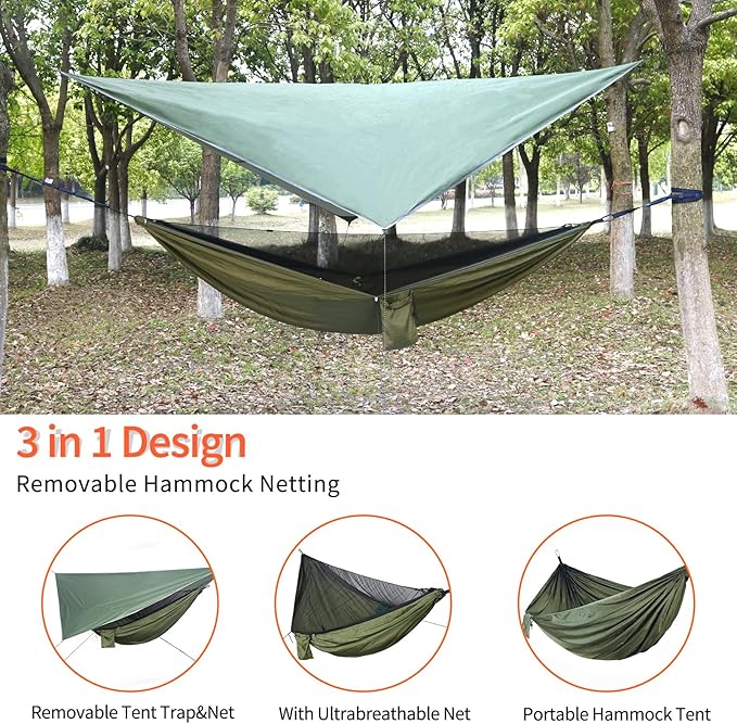 NewDoar Camping Hammock with Mosquito Net and Rain Fly TarpPortable Single Nylon Parachute Hammock Rainfly SetTree Straps Swing Hammock Bed for Outdoor Backpacking Backyard Hiking(ArmyGreen)