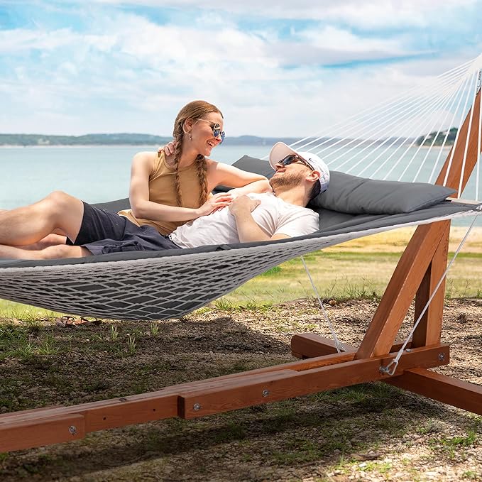 SUNCREAT Hammocks Double Cotton Rope Hammock with Polyester Pad Heavy Duty Hammock with Wooden Stand Dark Gray