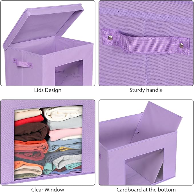 Univivi Foldable Fabric Storage Boxes Large Storage Bins with Lids [4-Pack] Collapsible Storage Cubes Organizer Containers Organization Baskets for Home Bedroom Closet (Purple 17“ x 12” x 12)