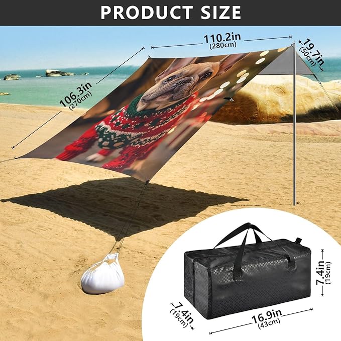 ALAZA French Bulldog Cute Dog Wearing Christmas Sweaters Beach Tent Sun Shelter Portable Canopy Sunshade for Outdoor Camping Picnics Backyard Fun 10x9 ft