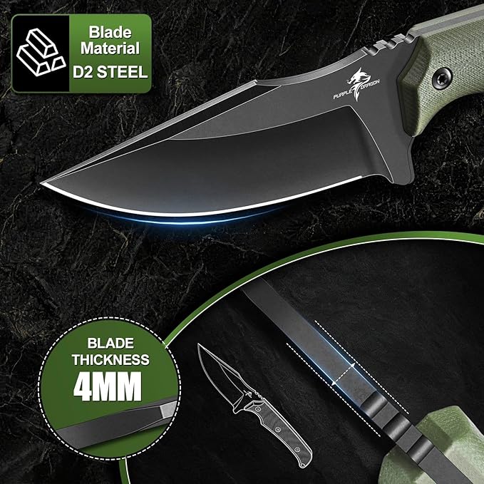 Purple Dragon Fixed Blade Knife - Full Tang Hunting Knife Forged from a Single Piece of D2 Steel - Camping Knives with G10 Handle and Kydex Sheath - Outdoor Gift for Men - Green