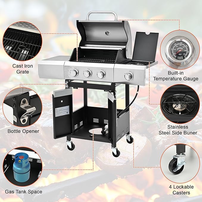 3-Burner BBQ Propane Gas Grill with Side Burner 40500 BTU Stainless Steel Patio Barbecue Grill with Storage Rack Tool Hooks &amp Bottle Opener for Camping Outdoor Cooking (Style2)