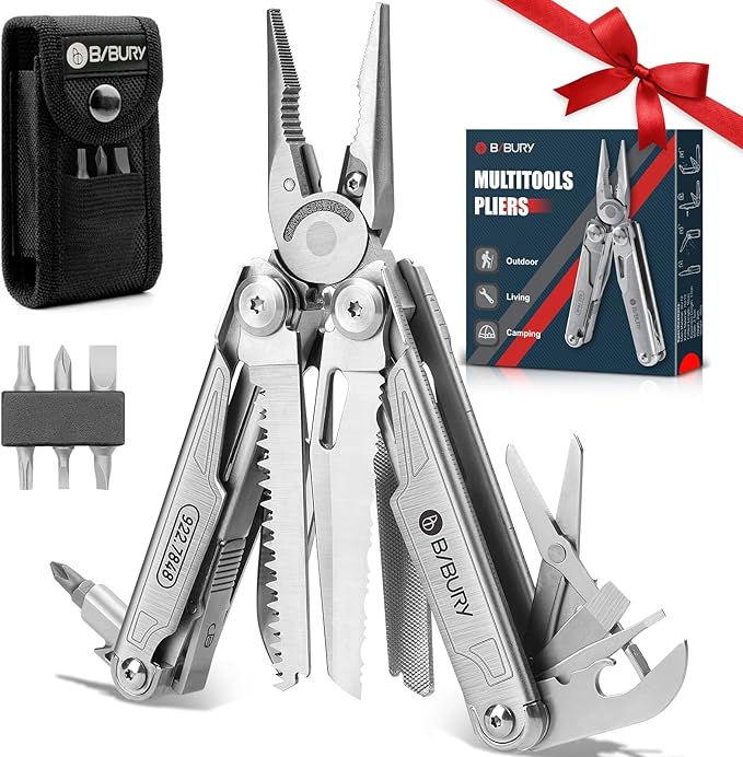 BIBURY Multitool with Pocket Knife 19-in-1 Stainless Steel Pliers with Scissors Self-locking Multi tools with EDC Sheath for Home Camping Hiking Survival Gifts for Men BI2038A