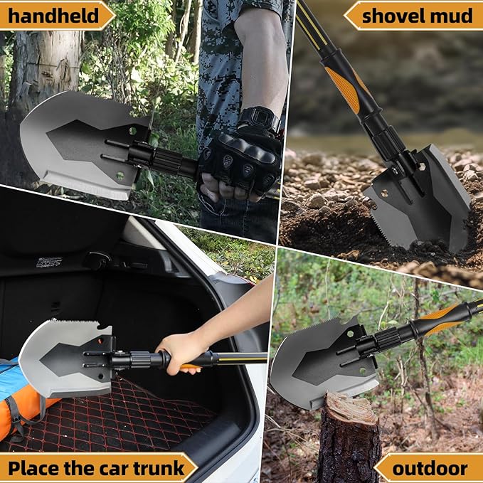 Survival Camping Shovel Multifunctional Folding Shovel Heavy Duty Alloy Steel Tactical Shovel with Saw for Hiking BackpackingHuntingCarEmergencySnowCampingGardening Outdoor Emergency