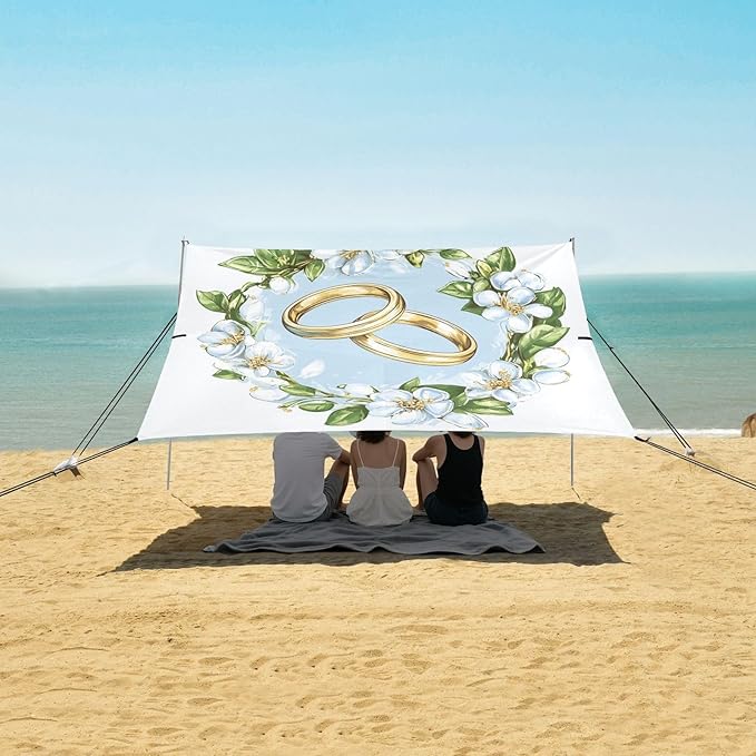 ALAZA Wedding Rings Wreath Beach Tent Sun Shelter UPF50+ Protection Beach Shade Canopy w/ 4 Sandbags for Outdoor Camping Fishing Backyard Fun Picnic 10x9 ft
