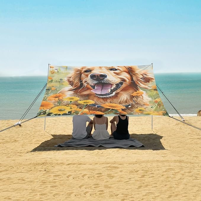 ALAZA Cute Golden Retriever in Flower Field Beach Tent Sun Shelter Portable Canopy Sunshade for Outdoor Camping Picnics Backyard Fun 10x9 ft