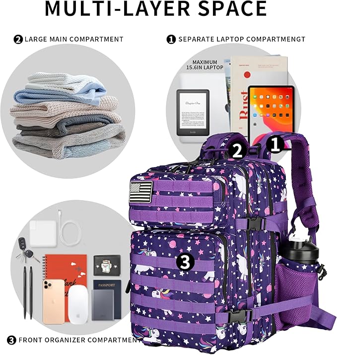 Lovelinks21 25L Tactical Military Backpack Small Travel Rucksack for Men and Women Assault Pack Bug Out Bag Molle Daypack Gym Backpack with Bottle Holder (Purple Pony)