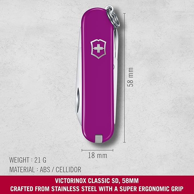 Victorinox Classic SD Swiss Army Knife Compact 7 Functions Swiss Made Pocket Knife with Small Blade Screwdriver and Key Ring - Tasty Grape (Purple)