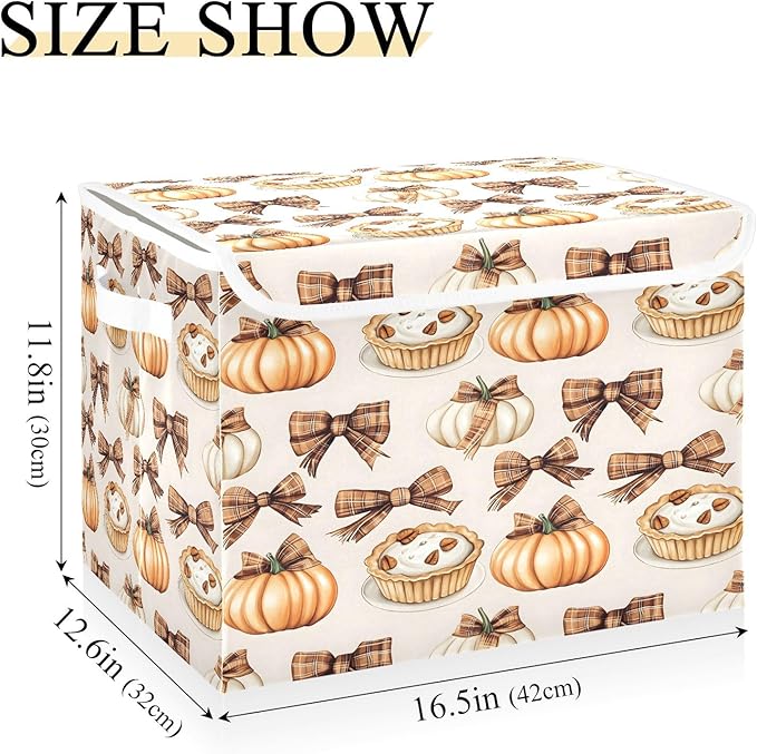 Bolaz Storage Bins with Lids and HandlesAutumn Pie Pumpkin Bows Pattern Storage Box Basket with Cover Collapsible Organizer Containers for Home Closet Shelves
