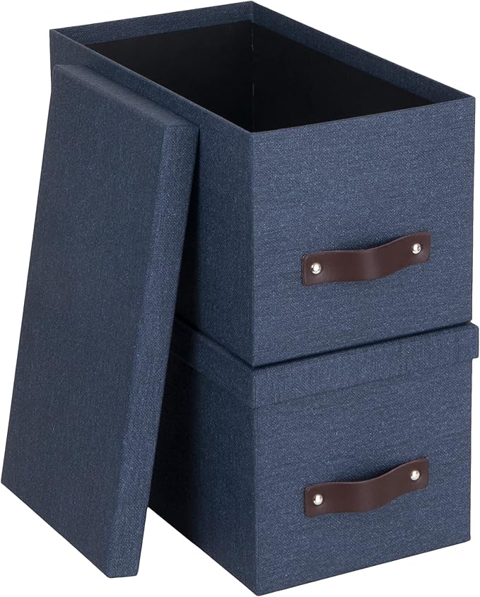 Bigso Silvia Organizational Storage Box with Leather Handle for Shelves and Stacks Easily - Durable and Decorative Storage Boxes with Lids - 5.9 in x 6.5 in x 11.6 in - 2 Pack - Blue