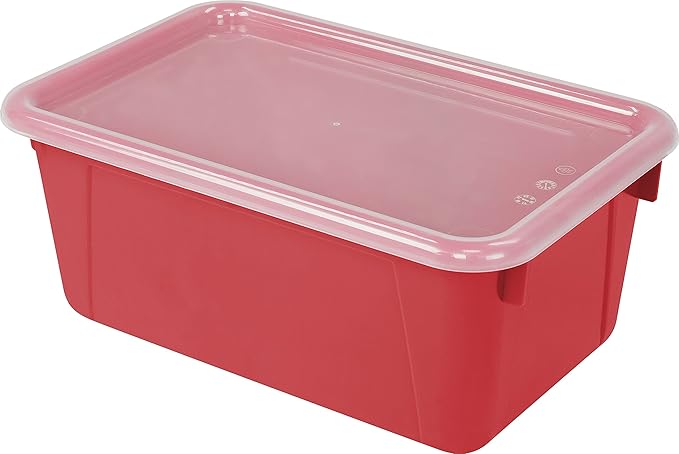 Storex Small Cubby Bins – Plastic Storage Containers for Classroom with Non-Snap Lid 12.2 x 7.8 x 5.1 inches Red 5-Pack (62407A05C)