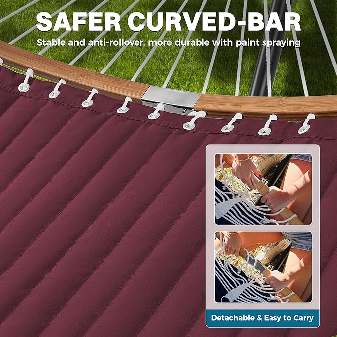 SUPERJARE Curved-Bar Hammock with Stand 2 Person Heavy Duty Hammock Frame Detachable Pillow &amp Portable Carrying Bag Perfect for Outdoor &amp Indoor Burgundy