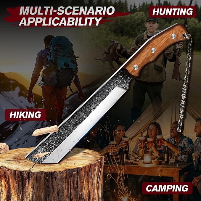 MDHAND Japanese Machete Knife with Ergonomic Full Tang Handle and Wood-Leather Sheath Heavy Duty High Carbon Steel Machete Knife for Bushcraft Survival Outdoor Hunting and Camping Gifts for Men