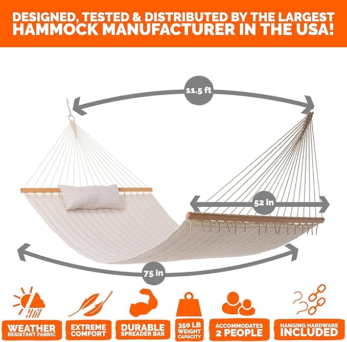Castaway Living Large Natural Solid Quilted Polyester Hammock – 11.5 ft. x 52 in. 350 lb Capacity Pillow Storage Bag Extension Chains &amp Tree Hooks – Durable Outdoor Lounger