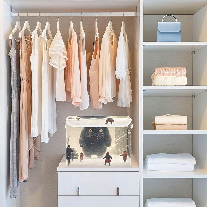 AIXIWAWA Lidded Storage Cube (Monster Cat in City) Fabric Foldable Closet Bins with Flip Lid and Handles Organizer Basket Container 16.5 x 12.6 x 11.8 IN