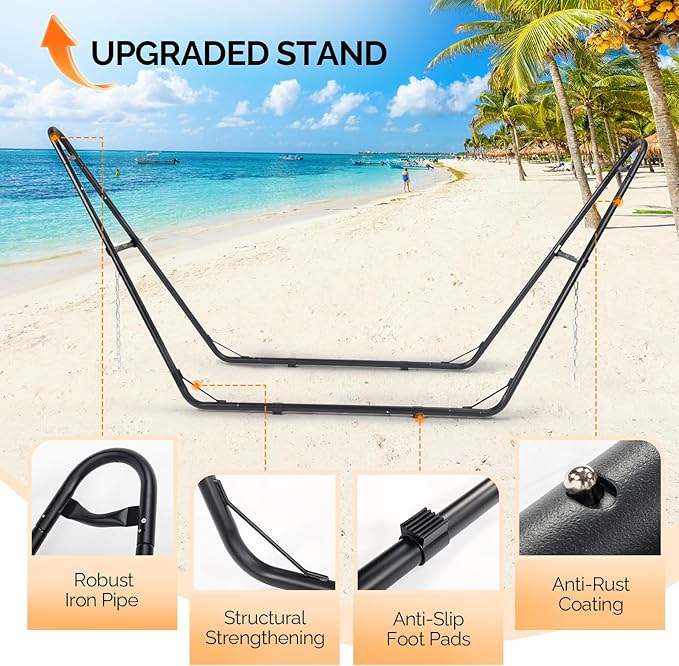 ONCLOUD Double Hammock with Stand for Outside Rope Hammock with Pillow and Pad Heavy Duty Hammock Set for Backyard 550 LBS (Grey)