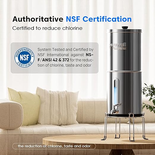 Purewell Upgraded 9-Stage Gravity Water Filter System with Water Level Window 0.01μm Ultra-Filtration Countertop System with 2 Filters and Stand pH 8-9 Reduce 99% Chlorine BO-PH-2.25G