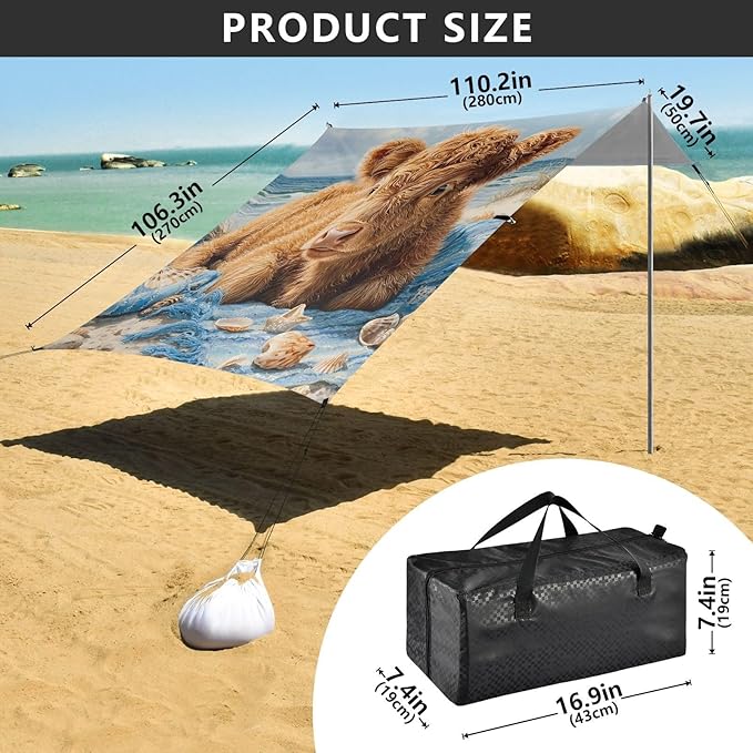 ALAZA Highland Cow Beach Beach Tent Sun Shelter Portable Canopy Sunshade for Outdoor Camping Picnics Backyard Fun 10x9 ft
