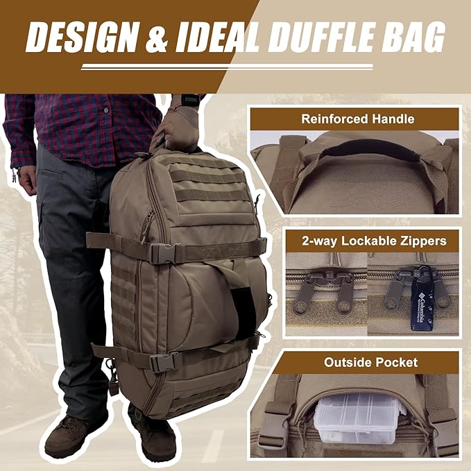 55L Large Travel Gym Duffle Bag Military Tactical Backpack Army Pack 3 Day Bug Out Bag Rucksack for Outdoor Sport Hiking Camping with Molle System Coyote