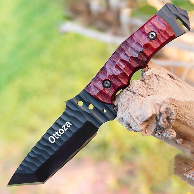 Ottoza Tanto Tactical Knife with Fixed Blade and Horizontal Carry Leather Sheath - Compact Military EDC Knife - Dark Red Micarta Handle 381