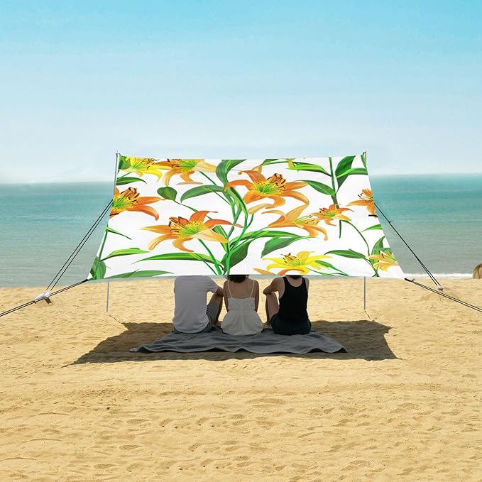 Beach Canopy with Windproof Ropes &amp Sandbags Beach Tent Sun Shade Sun Shelter for Camping Trips Fishing Backyard Fun or Picnics Orange Lily