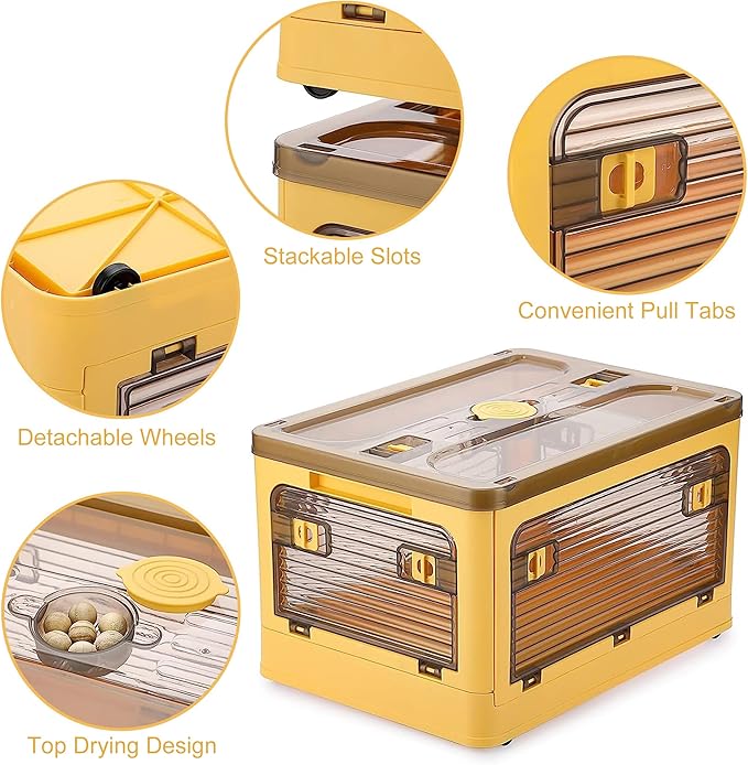 Folding Storage Bins 28 Liters 2 Pcs Yellow Plastic Storage Containers with Wheels Four Doors Foldable Stackable Plastic Box with Lids for Organization Storage Cart