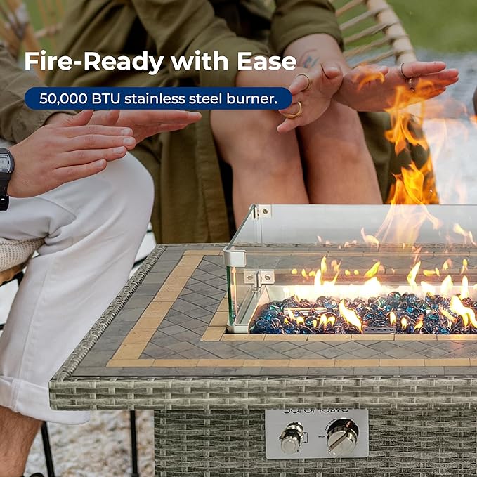 SereneLife Sturdy Wicker Base Propane Fire Pit Table with Tile Top Patio Heater &amp Propane Heater Sliding Door Stainless Steel Burner Tempered Glass Wind Guard 50000 BTU Weather Resistant