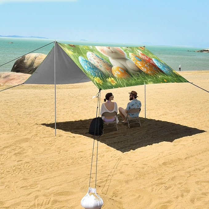Easter Eggs Cute Bunny Beach Tent Sun Shelter Set UPF50+ UV Protection 10.5 x 9.19 FT Camping Shade Canopy with Sandbags Sand Anchors Carrying Bag and Others