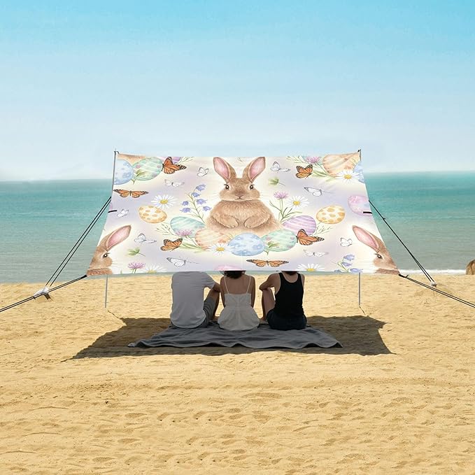 Easter Bunny Beach Canopy Sun Shelter with Sandbags &amp Sand Shovel &amp Windproof Ropes - Portable 110x126 Beach Shade Beach Tent for Camping Picnics