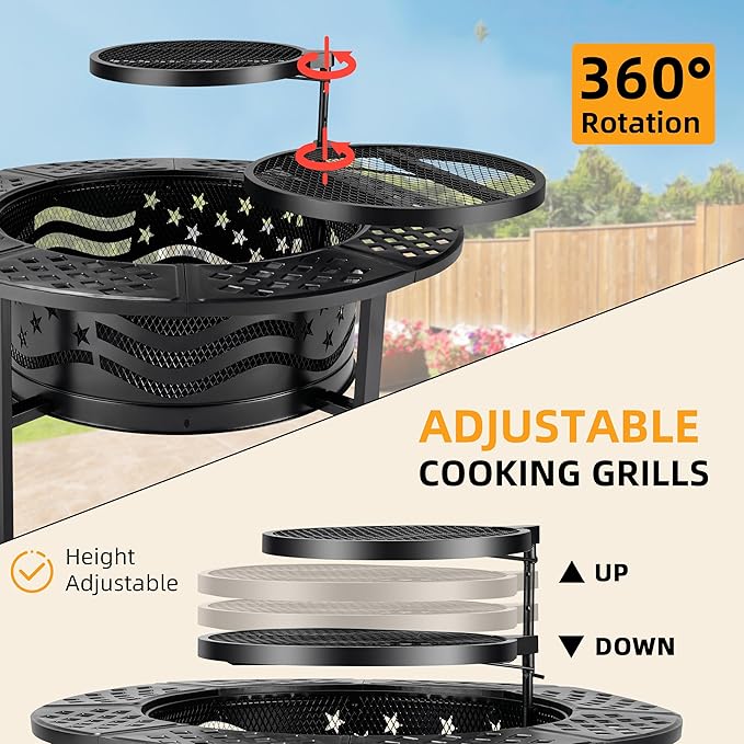 PrimeZone 42 Outdoor Fire Pit with 2 Grills - Wood Burning Firepit for Outside with Cover &amp Poker Heavy Duty Metal Fire Pit Large Round Fireplace for Patio Backyard Picnic Camping Bonfire