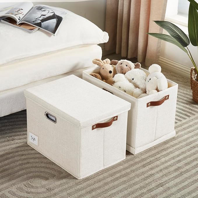 17 Large Collapsible Storage Bins with Lids Stackable Closet Organizers with PU Handle and Labels 3-Pack Decorative Fabric Storage Boxes for Home Bedroom Closet Office Nursery(White)