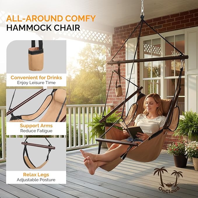 ONCLOUD Upgraded Unique Hammock Hanging Sky Chair Air Deluxe Swing Seat with Rope (Tan)