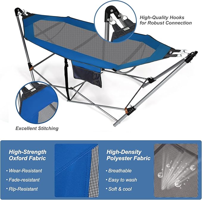 Portable Folding Hammock w/Side Pocket Lounge Camping Bed w/Metal Stand &amp Anti-tip Buckles Outdoor Camping Hammock with Carrying Bag for Patio Garden Yard Easy Assembly (Blue)
