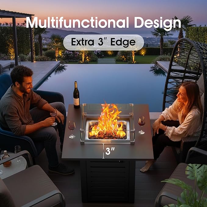 28 Inch Outdoor Propane Fire Pit50000 BTU Gas Fire Pit Table with Steel Lid304 Stainless Steel H-BurnerWind GuardFire Pits for Patio DeckBlack