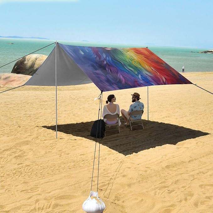 ALAZA Fox Rainbow Painting Beach Tent Sun Shelter UPF50+ Protection Beach Shade Canopy w/ 4 Sandbags for Outdoor Camping Fishing Backyard Fun Picnic 10x9 ft