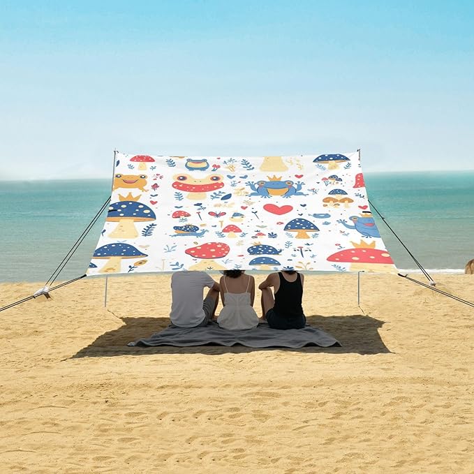 Various Funny Frogs Safari Mushroom Princess Foldable Beach Tent UPF50+ Protection Easy Setup Large Sun Shelter with Sandbags &amp Sand Shovel for Family Trips Picnics &amp Camping