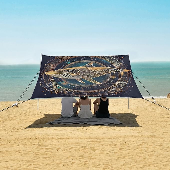 ALAZA Golden Whale Mandala Beach Tent Sun Shelter UPF50+ Protection Beach Shade Canopy w/ 4 Sandbags for Outdoor Camping Fishing Backyard Fun Picnic 10x9 ft