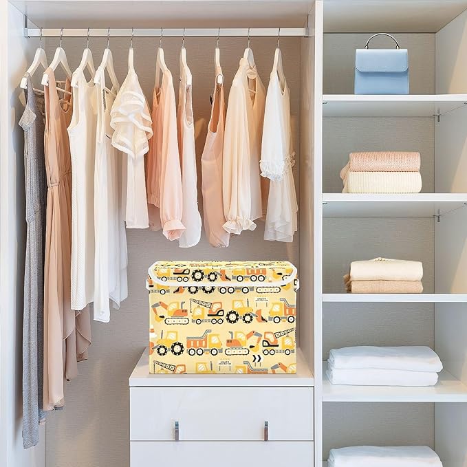 susiyo Large Foldable Storage Bin with Flip-Top Lid Construction Trucks Storage Box Collapsible Closet Organizer Containers Boxes Decorative Baskets with Handles for Home Bedroom Living Room Office