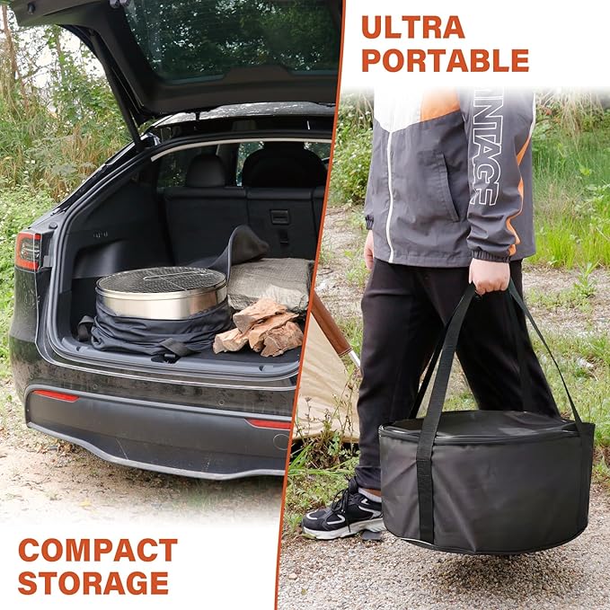 HGD 19.5 Inch Smokeless Firepit with Grill Portable Wood Burning Fire Pit for Camping &amp Backyard Stainless Steel Outdoor Fireplace with Travel Bag Easy Setup &amp Compact Storage - Foldable De