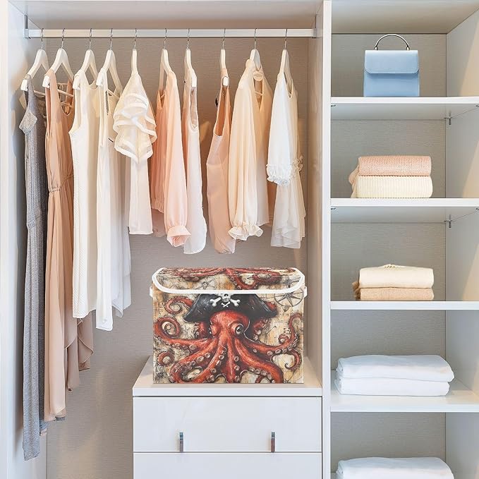 Octopus Pirate and Compass Collapsible Storage Bins with Lids Decorative Fabric Cubes Closet Organizer Basket Boxes Containers for Clothes Box Chest Folding Rectangle