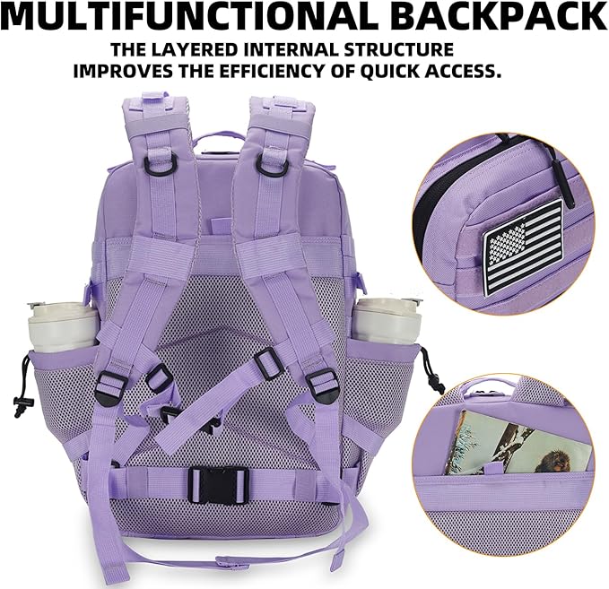Lovelinks21 25L Tactical Backpack for Men and Women Military Backpack Small Assault Pack Molle Backpack Bug Out Bag Travel Rucksack Daypack (Light Purple)