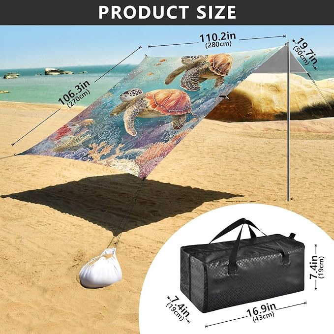 ALAZA Two Watercolor Sea Turtles Beach Tent Sun Shelter Portable Canopy Sunshade for Outdoor Camping Picnics Backyard Fun 10x9 ft