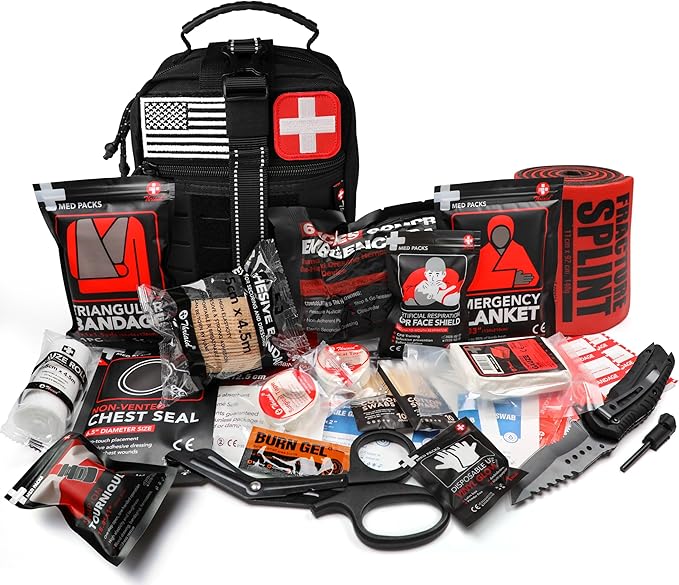 Survival First Aid Kit with Israeli Bandage Chest Seal Tourniquet Splint Tactical Military Combat Molle IFAK for Wound Care Bleeding Control Trauma Hemorrhage and More (Black)
