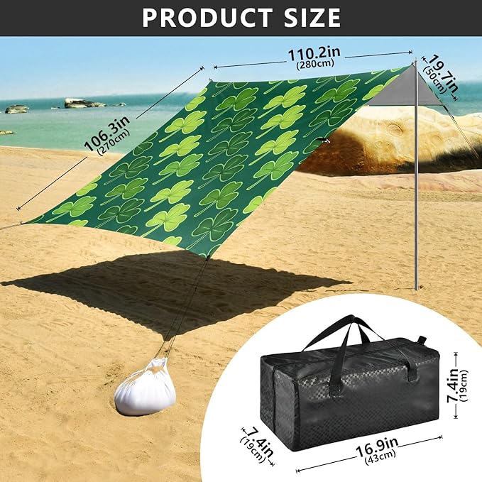 xigua St. Patrick's Day Beach Tent Sun Shelter with Carrying Bag - Silver Coated Oxford Fabric Beach Canopy for Beach Camping Fishing - Includes Windproof Ropes Sandbags &amp Stakes
