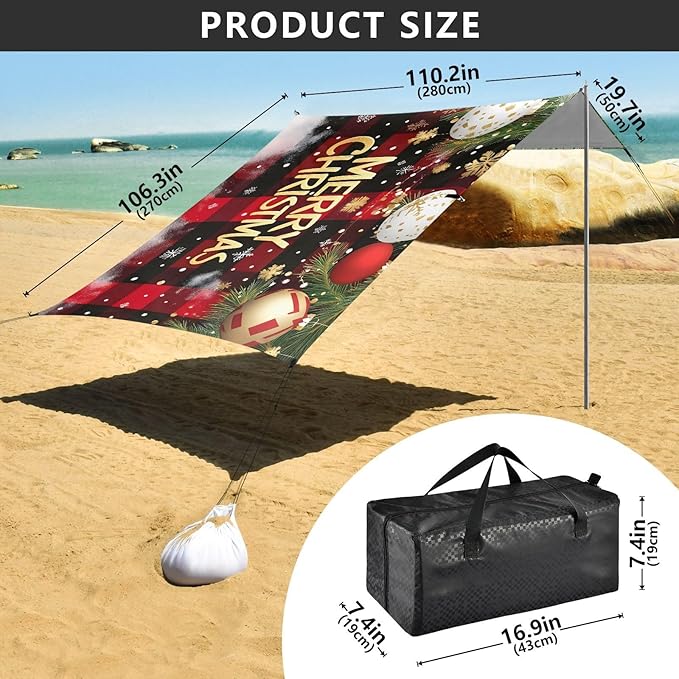 ALAZA Christmas Checked Beach Tent Sun Shelter UPF50+ Protection Beach Shade Canopy w/ 4 Sandbags for Outdoor Camping Fishing Backyard Fun Picnic 10x9 ft