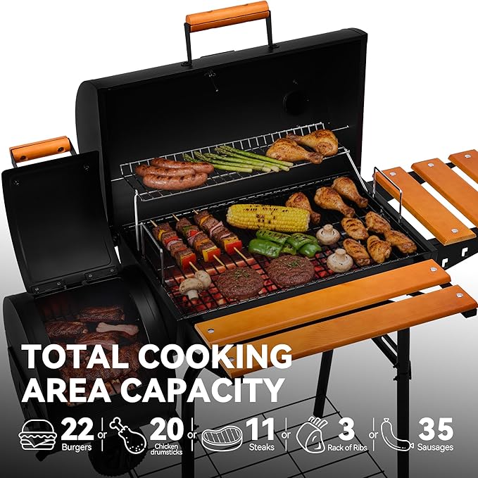 Royal Gourmet CC1624W Barrel Charcoal Grill with Offset Smoker 552 Sq. In. Cooking Area Wooden Front and Side Shelf with Hooks Mesh Bottom Shelf Charcoal Grill for Outdoor Grilling Black