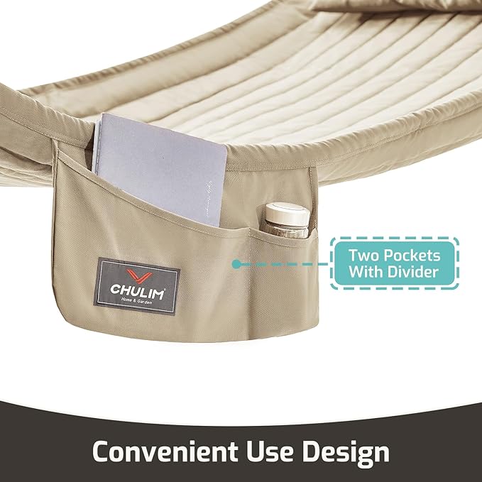 CHULIM Double Quilted Fabric Hammock with Hardwood Spreader Bars and Pillow 450 LBS Capacity 2 Person Large Hammock for Outdoor Patio Backyard Poolside - Tan