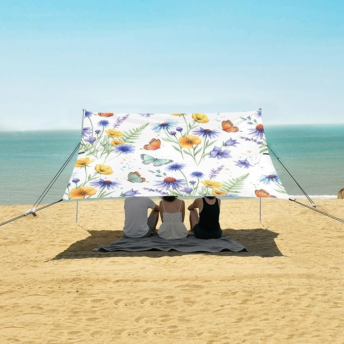 xigua Wildflowers Beach Tent Sun Shelter with Carrying Bag - Silver Coated Oxford Fabric Beach Canopy for Beach Camping Fishing - Includes Windproof Ropes Sandbags &amp Stakes